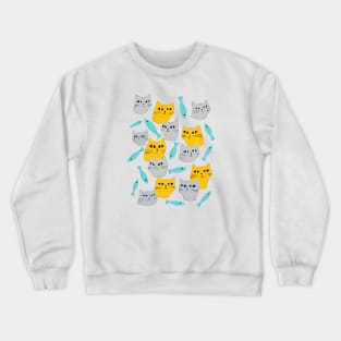 Strange grey and yellow cats with black eyes and blue fish Crewneck Sweatshirt